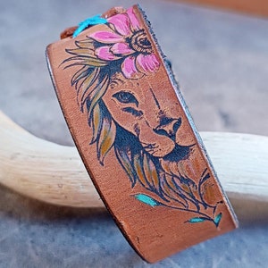 Floral Lioness Bracelet, Handmade Adjustable Rugged Leather Cuff, Gift for Lio Birthday, Free Custom Secret Message, Hand Painted Leather