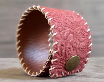 Red Embossed Suede Leather Cuff, Stylish Hand Stitched Floral Pattern Leather Bracelet, Extra Wide Cuff, Handmade Adjustable Wristband