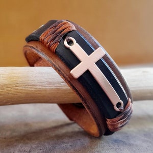Rose Gold Cross Leather Bracelet for Men/Women Bracelet, Secret Message/Bible Verse, Personalized Christian Gift, Horizontal Cross Bracelet