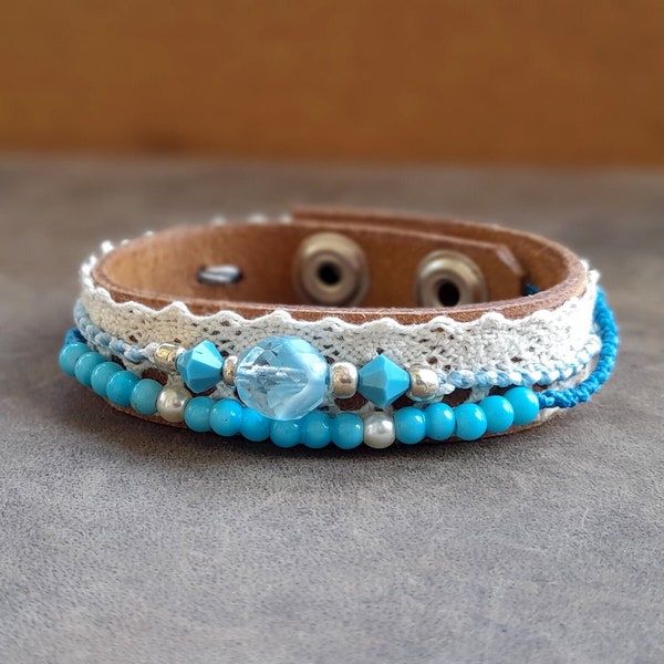 Bracelet en dentelle, manchette ajustable faite main en cuir pleine fleur, jonc bohème, macramé bleu layette, perles multirangs et manchette pour femme en cristal