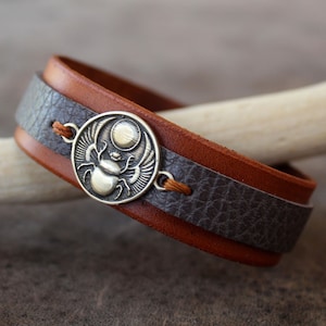 Scarab Men Leather Strap Bracelet, Handmade Adjustable Brown Gray Leather Cuff, Khepri, Egyptian Symbol, Kheper, Winged Scarab, Sun Charm