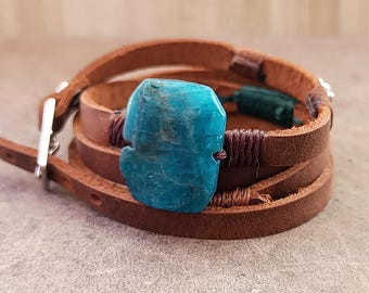 Black Leather Bracelet With Black Obsidian Stone Embroidered
