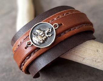 Wild Boar Pendant Bracelet, Layered Dark Brown Leather Cuff, Spirit Animal, Power Bracelet, Gift for Hunter/Wilderness Lover, Birthday Gift