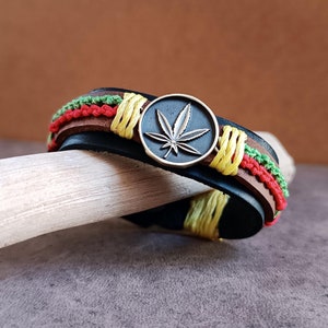 Rasta Leather Cuff Bracelet: Red Yellow Green Handmade Wristband
