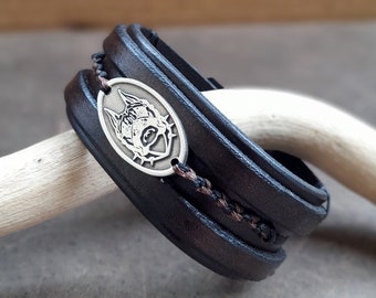 Sterling Silver Doberman Plate Bracelet, Handmade Layered Leather Cuff, Men Jewelry, Gift for Father/Son, Statement Bracelet, Bikers Cuff