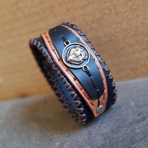 Black Bear Bracelet, Men Leather Black Brown Cuff Bracelet, Spirit Animal, Power/Totem Animal, Gift for Son/Boyfriend, Hand Stitched Leather