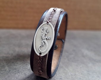 Sterling Silver Gecko Bracelet, Silver 925 Lizard Charm, Unisex Handmade Leather Bracelet, Gift for Him/Her, Birthday Gift Idea, Unisex