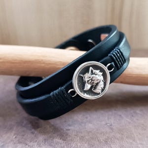 Sterling Silver Wolf Bracelet: Black Leather Cuff, Adjustable Unisex Design