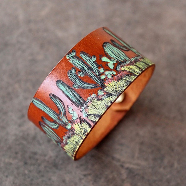 Bracelet cactus, large bracelet manchette en cuir botanique, cuir imperméable peint à la main, cadeau pour jardinier/amant de la nature, symbole de la maternité
