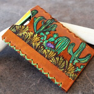Cactus Mini Wallet, Hand Painted Leather Card Holder, Business Card Case, Unisex Minimalist Wallet, Slim Personalized Card Wallet
