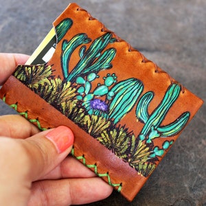 Tarjetero de piel de cactus, tarjetero de piel pintado a mano, cartera EDC para mujer