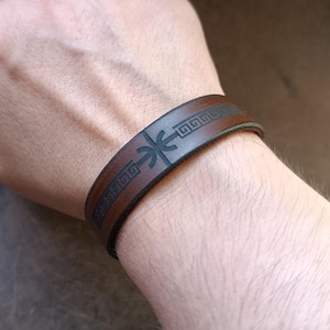 Apollo Delphic Leather Bracelet: Greek Key Wristband with Custom Message
