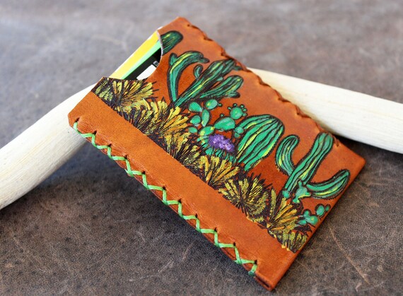 Cactus Wallet Small Card Wallet Hand Painted Leather Card 
