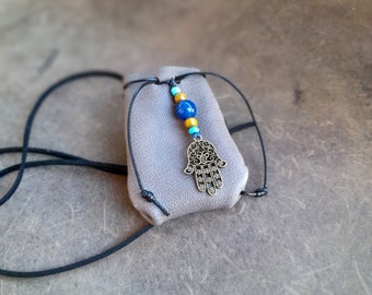 Hamsa Hand Neck Pouch, Handmade Leather Medicine Pouch, Fatima's Hand Charm, Worry Stone Necklace Pouch, Ready to Ship Gift