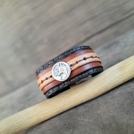 Silver Forest Fox Cuff, Handmade Wide Leather Buckle