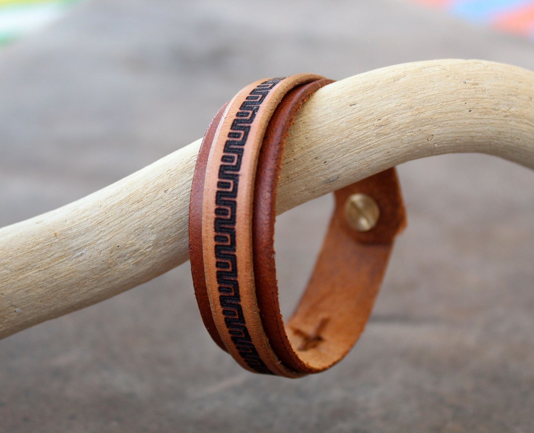 Greek Key Meander Wristband, Men Leather Bangle, Meandros, Ancient