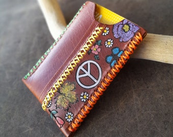 Minimalist Peace Symbol Card Wallet, Compact Woman Wallet, Quickdraw Wallet, Hand Painted, Hand Stitched, Personalized Wallet, Daughter Gift