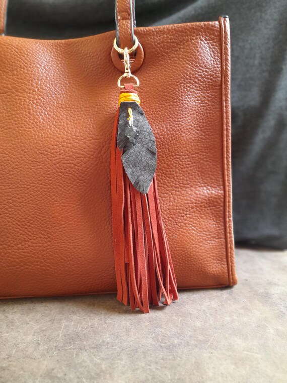 Double Colored Suede Feather Bag Charm With Raw Black Druzy Onyx Fringe Keychain Leather Feather Bag Charm Long Tassel Tote Decoration Etsy
