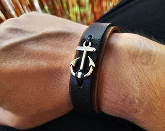 Black Anchor Charm Bracelet, Surfer Bracelet, Sideways Anchor Bangle, Nautical Anchor Bracelet, Gift for Son/Boyfriend, Anniversary Gift