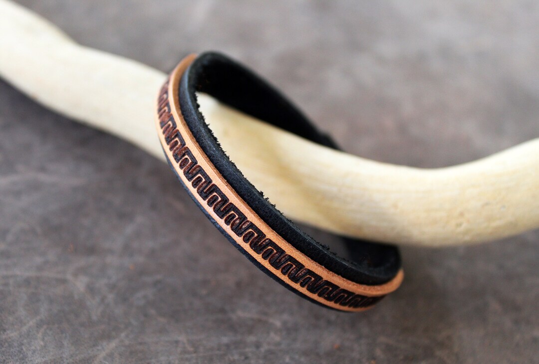Greek Key Meander Men Black Leather Cuff Bracelet, Meandros, Ancient