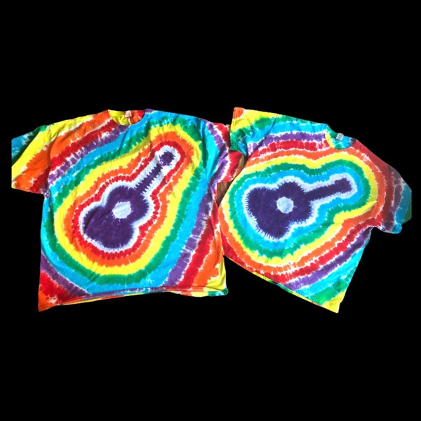 RAINBOWLELE: Short sleeve tie dye tee shirt with rainbow guitar ukulele design , ALL SIZES, custom made