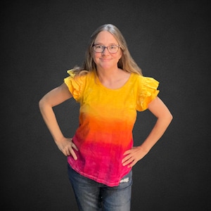 Short sleeve tie dye shirt, blouse with warm color gradient, Ladies SMALL