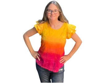 Camisa tie dye de manga corta PEQUEÑA, blusa con degradado de color cálido, corte para mujer