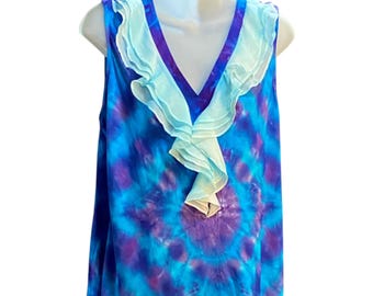 LARGE Tie Dye Tank top with neck ruffle, blue and purple, size L