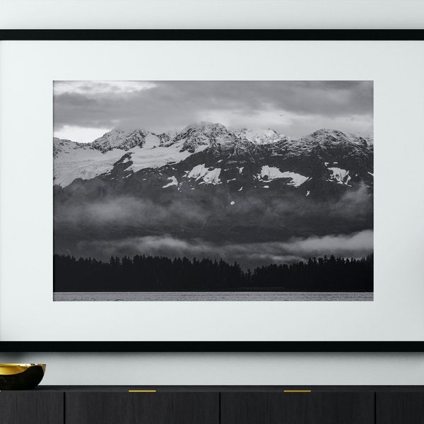 Prince William Sound, Alaska Art Print, Chugach Mountains Print, Black and White Photo Print