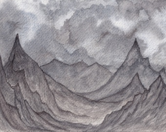 Stürmische Berge, Moody Aquarell Kunstdruck