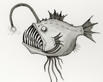 Anglerfish Watercolor Art Print, Deep Sea Art, Deep Sea Fish Painting, Anglerfish Wall Art, Watercolor Fine Art Print, Ocean Art Print