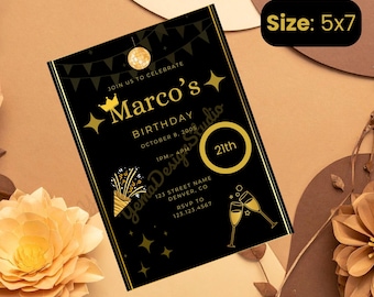 Editable 21st Birthday Invitation Template | Black and Gold Party Invite | Canva Digital Download | Milestone Celebration