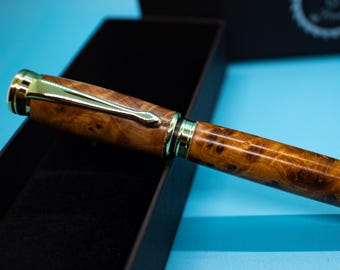 Thuya Burl Fountain Pen | Handcrafted Wood Calligraphy Pen with Gold Accents | Unique Gift for Writers and Artisans