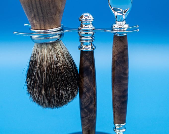 Black Walnut Shaving Set with Badger Hair Brush and Gillette Mach III Razor, Hand Turned Grooming Kit, Gift for Him