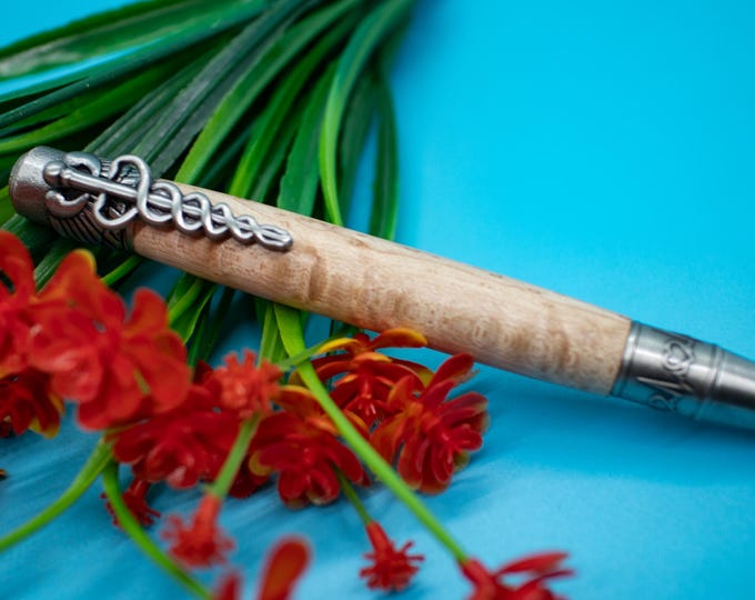 Medical Theme Pen Turned from Birdseye Maple Wood – Unique Handmade Gift for Doctors & Nurses, Elegant Writing Instrument