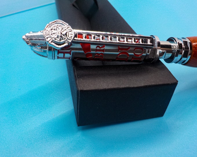 Handmade Fireman Pen Turned from Rich Padauk Wood - Firefighter Gift & Collectible Writing Tool
