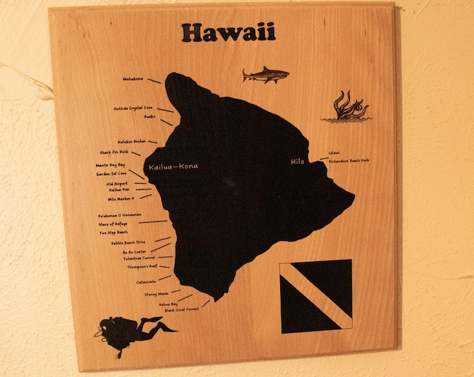 Laser Engraved Hawaii Dive Map on Beechwood | Unique Scuba Wall Art | Island Nautical Decor Gift for Divers and Ocean Lovers