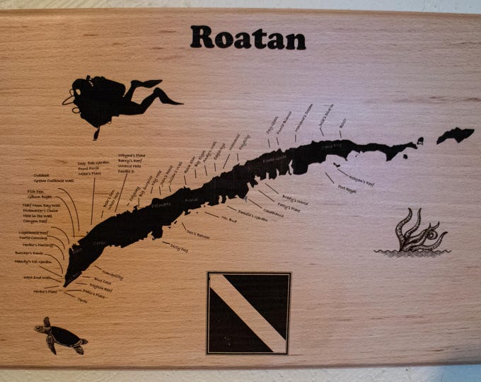 Laser Engraved Roatan Dive Map on Beechwood | Unique Scuba Wall Art | Island Nautical Decor Gift for Divers and Ocean Lovers