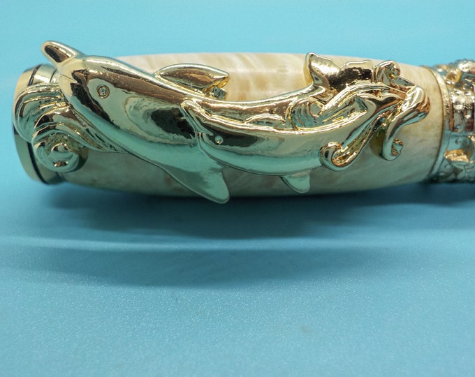Dolphin Pen in Boxelder Burl Wood - 24ct Gold Plated Luxury Writing Gift, Unique Ocean Animal Stationery