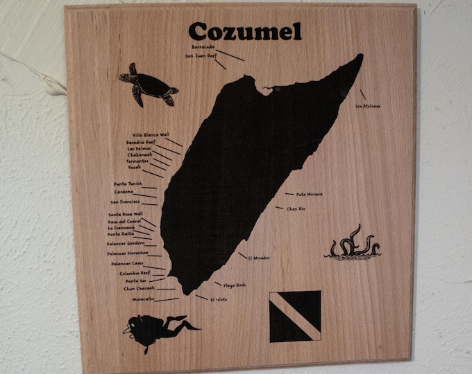 Laser Engraved Cozumel Dive Map on Beechwood | Unique Scuba Wall Art | Island Nautical Decor Gift for Divers and Ocean Lovers
