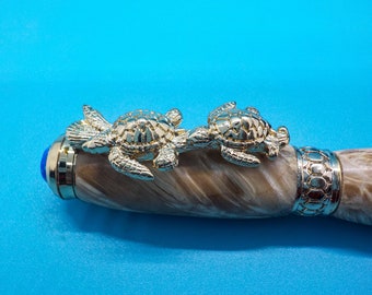 Sea Turtle Themed Pen in Boxelder Burl - 24ct Gold Plated