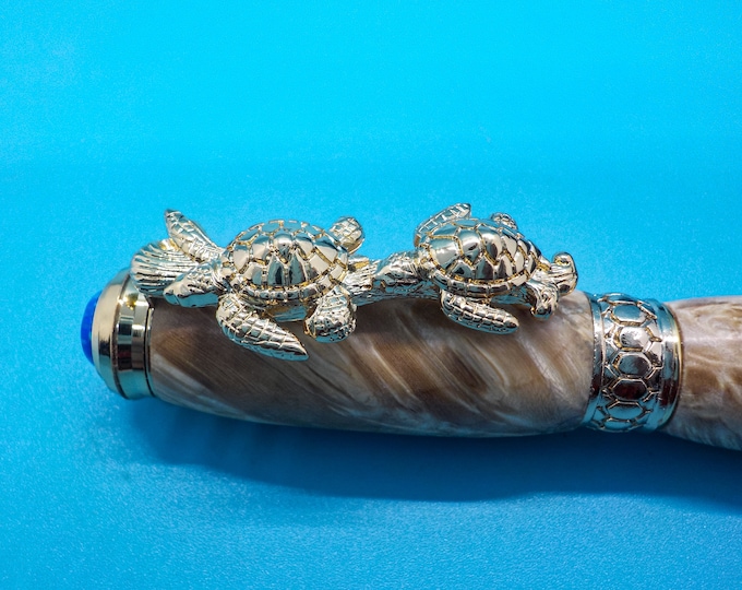 Sea Turtle Pen in Boxelder Burl Wood with 24ct Gold Plated Accents – Unique Handmade Writing Gift
