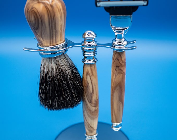 Olivewood Shaving Set with Badger Hair Brush and Gillette Mach III Razor, Hand Turned Grooming Kit, Gift for Him