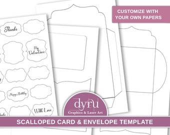 Scalloped Card, Envelope Template, Junk Journal, Ink Saver, Birthday, Download, Journal Envelope Bundle, Template Bundle, Dyru Graphics