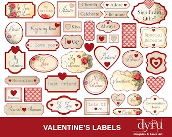 Valentine Labels, Junk Journal Labels, Printable Ephemera, Journaling Valentine Digital Download
