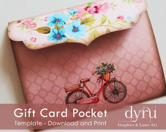 Vintage Gift Card Pocket, Bicycle Printable Envelope, Pink Clutch Pocket Template, Vintage Gift Printables, Clutch Envelope, Pocket