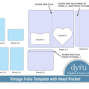 Plantilla de folio de bolsillo con forma de corazón, folio con etiquetas, recuerdo, plantilla en blanco, diario basura, carpeta, desplegable, kit de manualidades, kit digital, Dyru Graphics