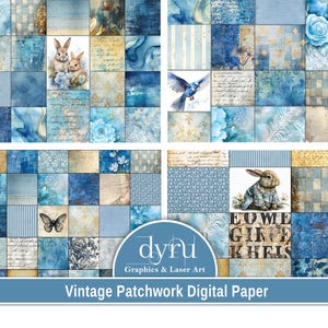 Afdrukbaar digitaal papier patchwork, blauw patchworkpapier, scrappapier, vintage plakboek, achtergrondafbeeldingen, armoedig, rommeldagboek