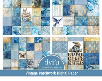 Patchwork Printable Digital Paper, Blue Patchwork Paper, Scrappy Papers, Vintage Scrapbook Paper, Background Images, Shabby, Junk journal
