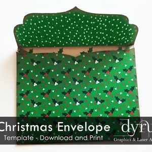 May include: A Christmas envelope template with a green holly berry pattern. The envelope has a scalloped flap with white polka dots. The text "Christmas Envelope Template - Download and Print" is displayed at the bottom.